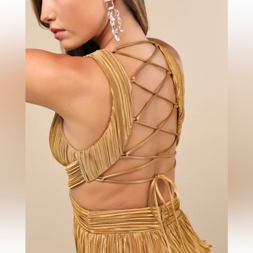 Lulu’s Gold Satin Formal Tiered Lace Up Maxi Dress - Picture 4 of 15